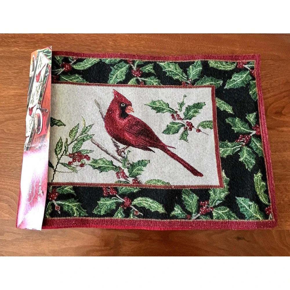 Vtg St Nicholas Square Cardinal Tapestry Christmas TABLE RUNNER & 1 Dish Towel